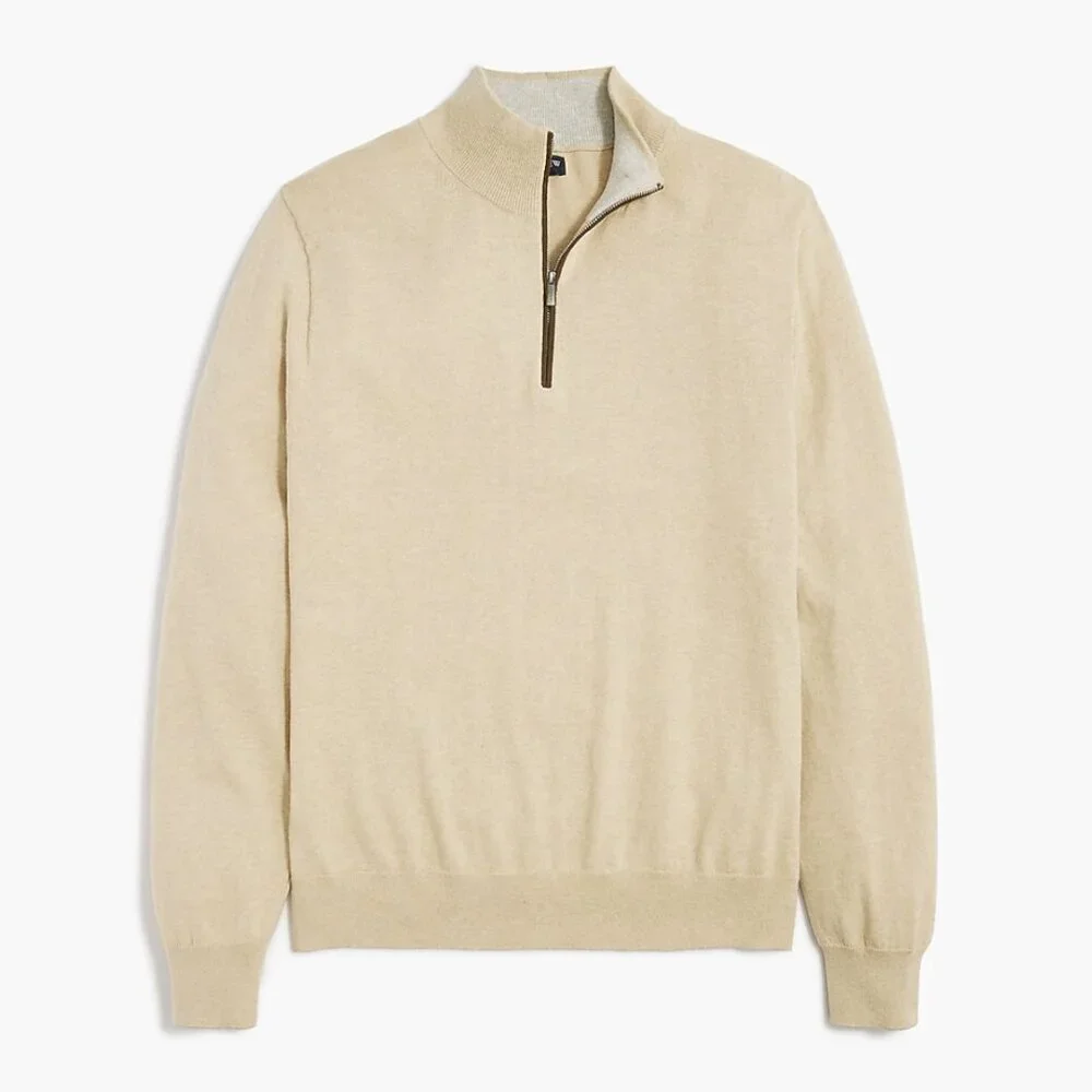 J. Crew NWT Cotton Cashmere Mock Neck Half-Zip Long Sleeve Sweater Cream, Large